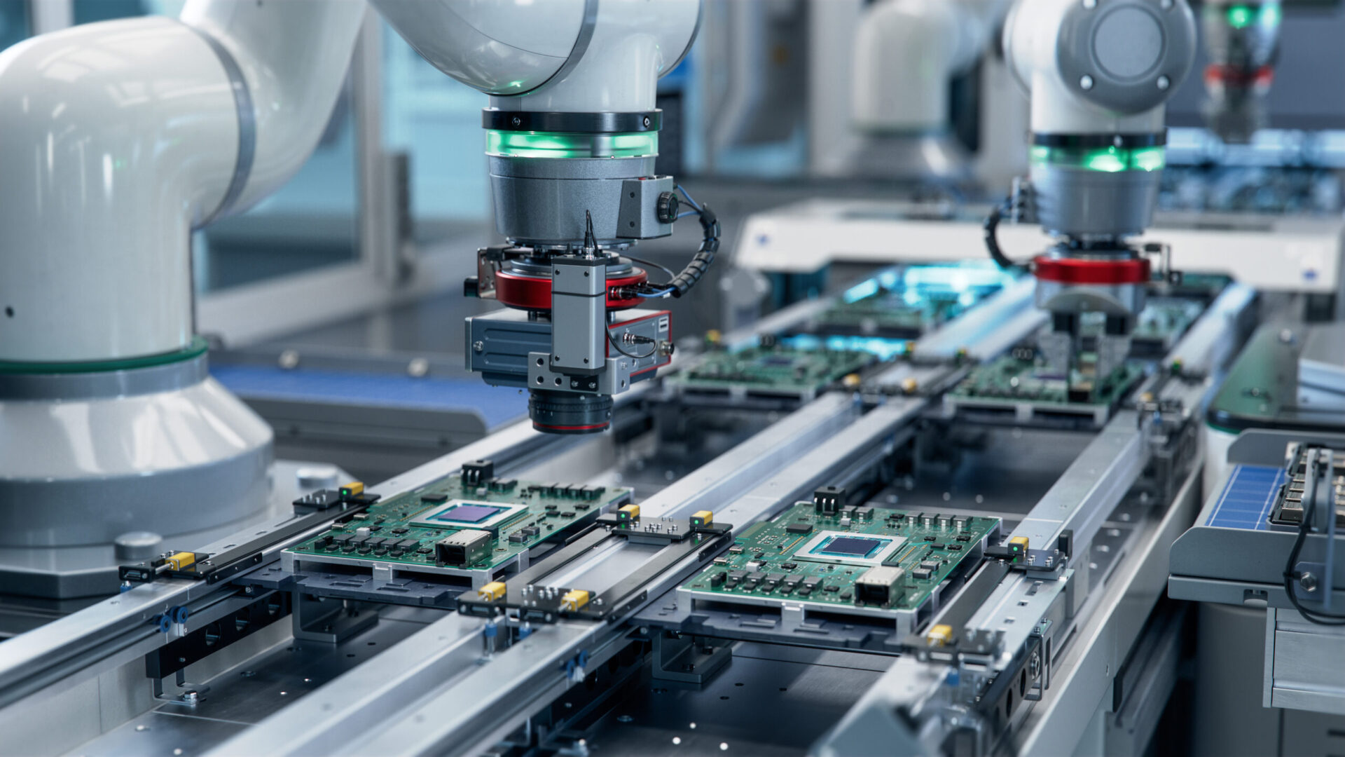 Component Installation and Quality Control of Circuit Board. Fully Automated PCB Assembly Line Equipped with High Precision Robot Arms at Electronics Factory. Electronic Devices Manufacturing Industry